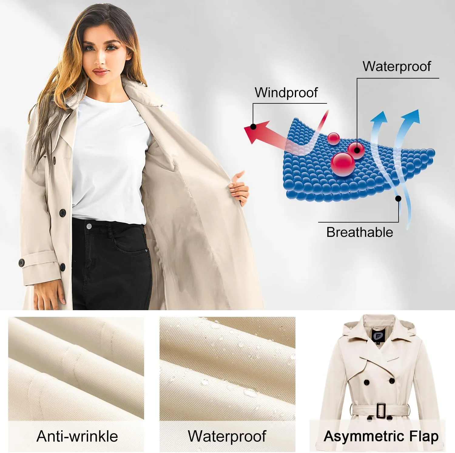 FARVALUE Women's Waterproof Trench Coat Long Double Breasted Windbreaker Classic Belted Lapel Overcoat with Removable Hood