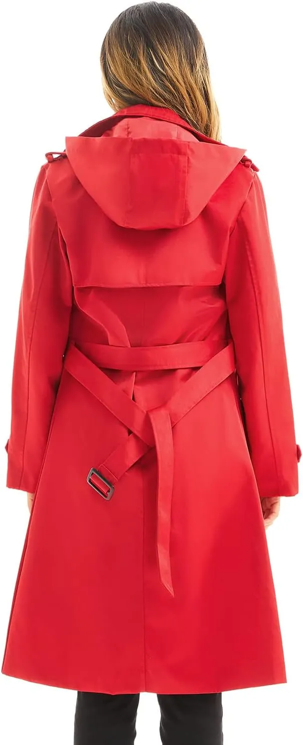 FARVALUE Women's Waterproof Trench Coat Long Double Breasted Windbreaker Classic Belted Lapel Overcoat with Removable Hood