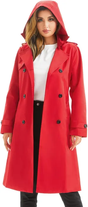FARVALUE Women's Waterproof Trench Coat Long Double Breasted Windbreaker Classic Belted Lapel Overcoat with Removable Hood