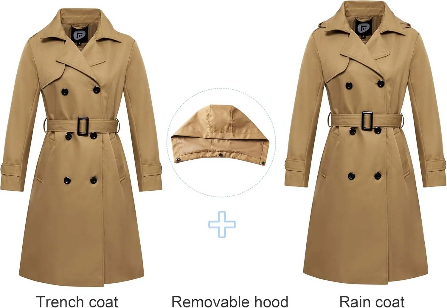 FARVALUE Women's Waterproof Trench Coat Long Double Breasted Windbreaker Classic Belted Lapel Overcoat with Removable Hood