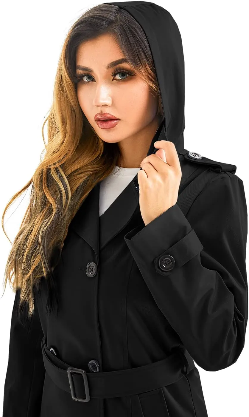 FARVALUE Women's Waterproof Trench Coat Long Double Breasted Windbreaker Classic Belted Lapel Overcoat with Removable Hood