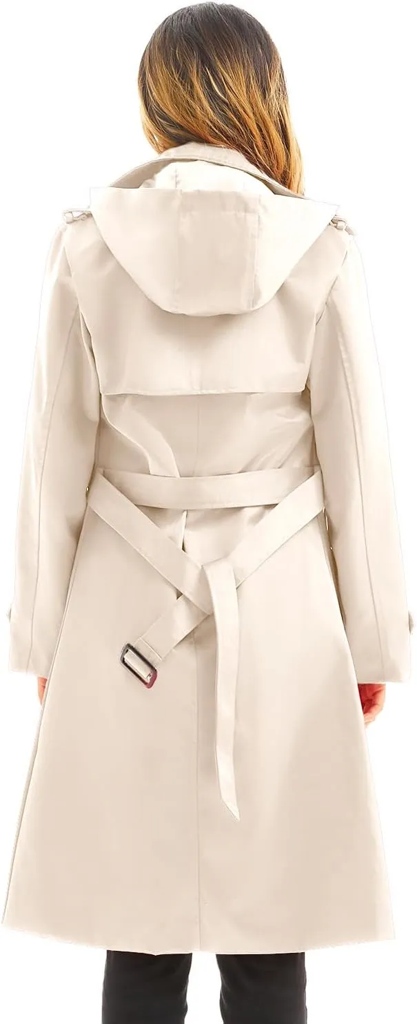 FARVALUE Women's Waterproof Trench Coat Long Double Breasted Windbreaker Classic Belted Lapel Overcoat with Removable Hood