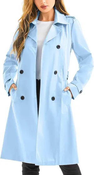 FARVALUE Women's Waterproof Trench Coat Long Double Breasted Windbreaker Classic Belted Lapel Overcoat with Removable Hood