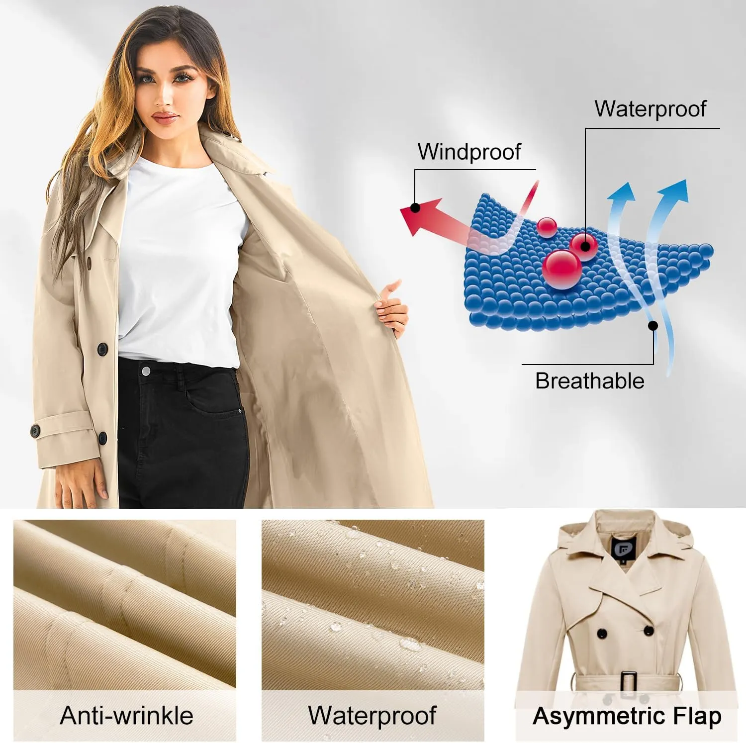FARVALUE Women's Waterproof Trench Coat Long Double Breasted Windbreaker Classic Belted Lapel Overcoat with Removable Hood