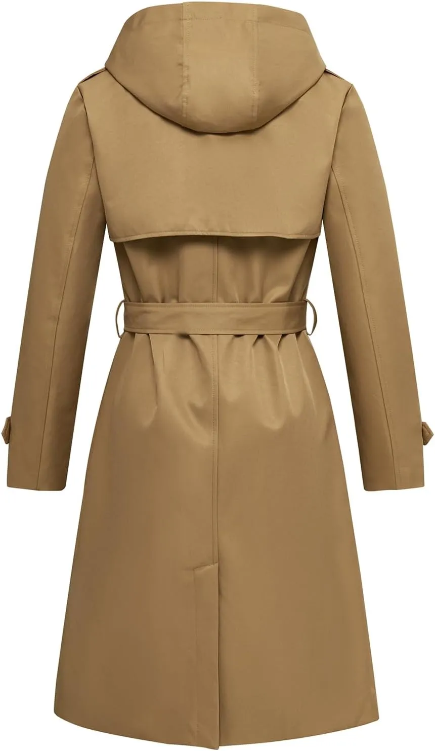 FARVALUE Women's Waterproof Trench Coat Long Double Breasted Windbreaker Classic Belted Lapel Overcoat with Removable Hood