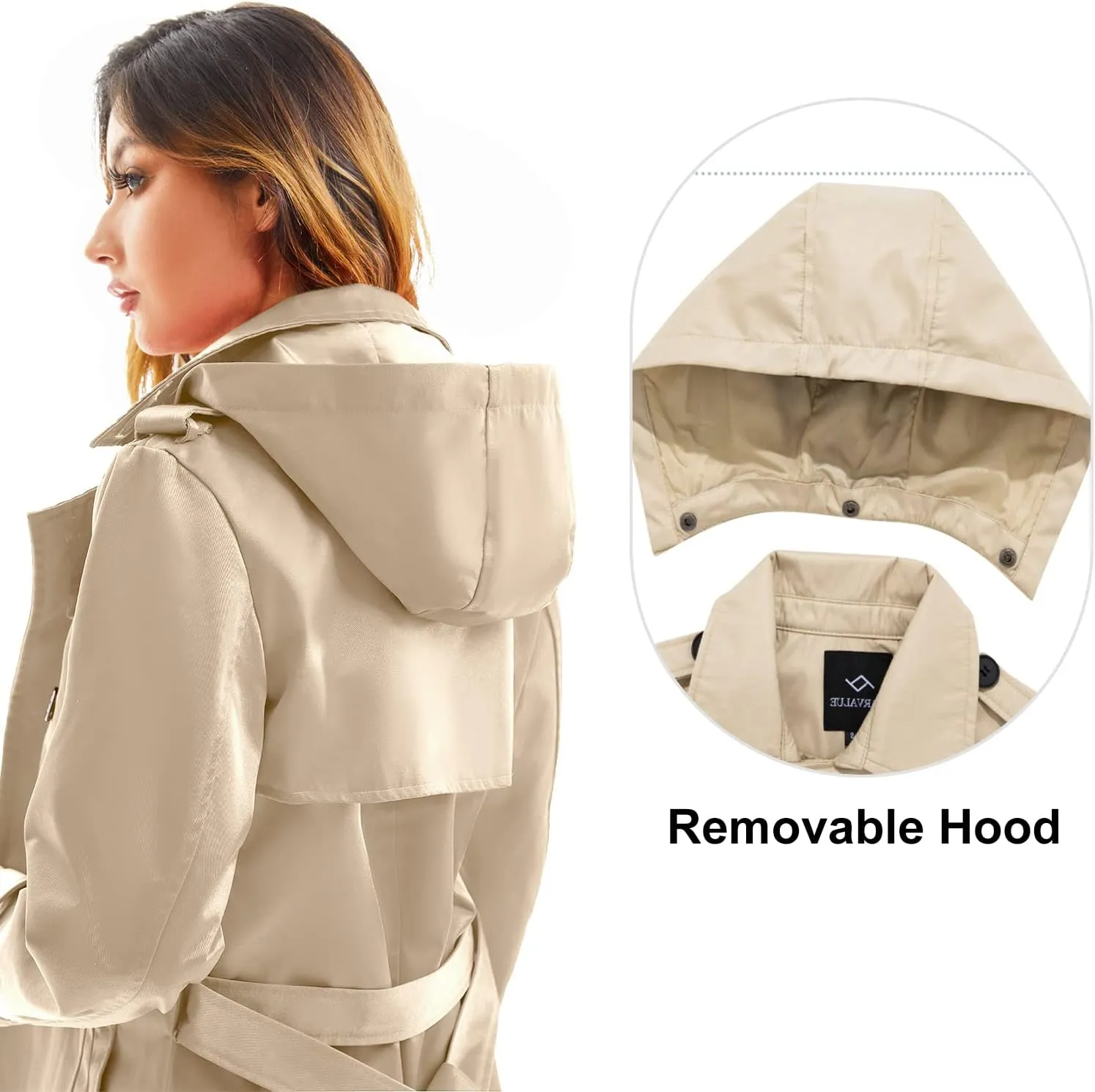 FARVALUE Women's Waterproof Trench Coat Long Double Breasted Windbreaker Classic Belted Lapel Overcoat with Removable Hood