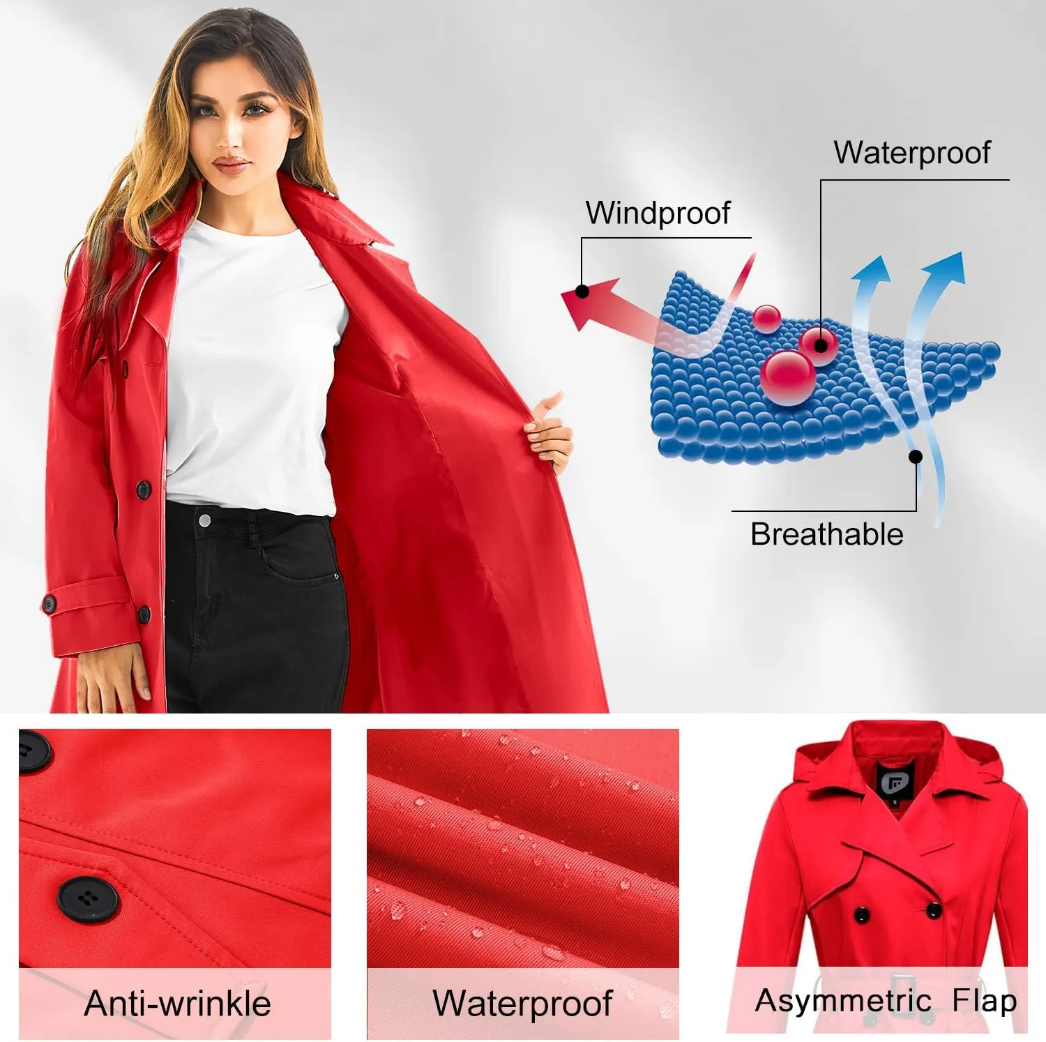 FARVALUE Women's Waterproof Trench Coat Long Double Breasted Windbreaker Classic Belted Lapel Overcoat with Removable Hood