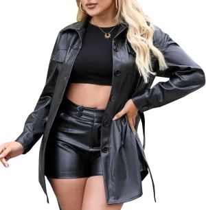 Faux Leather Jacket Women Trench Coat Long Button Jacket Open Front Motorcycle Coat with Belt