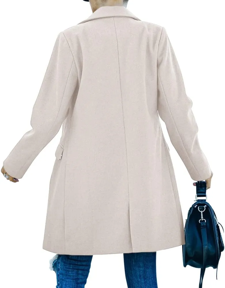 Fazortev Womens Casual Long Sleeve Wool Blend Pea Coat Lapel Notched Collar Warm Midi Jacket Overcoat