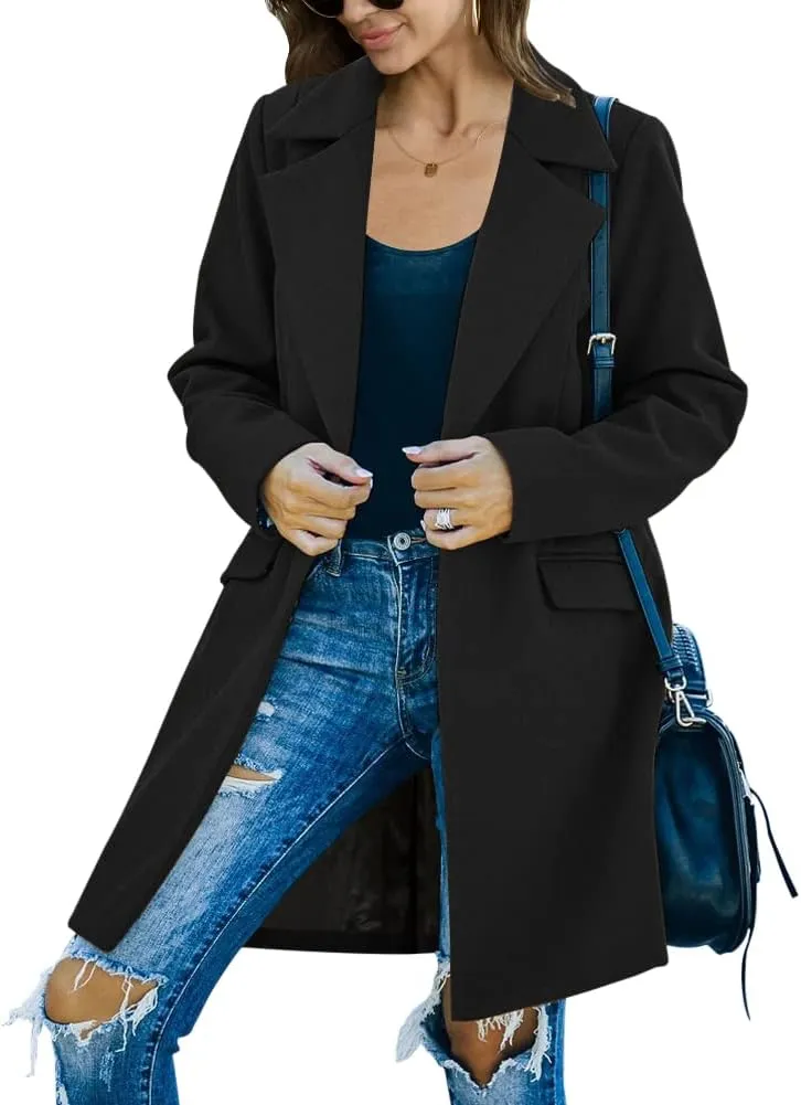 Fazortev Womens Casual Long Sleeve Wool Blend Pea Coat Lapel Notched Collar Warm Midi Jacket Overcoat