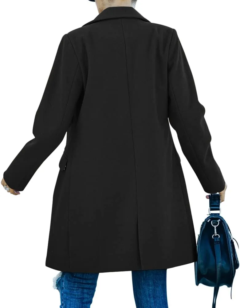 Fazortev Womens Casual Long Sleeve Wool Blend Pea Coat Lapel Notched Collar Warm Midi Jacket Overcoat