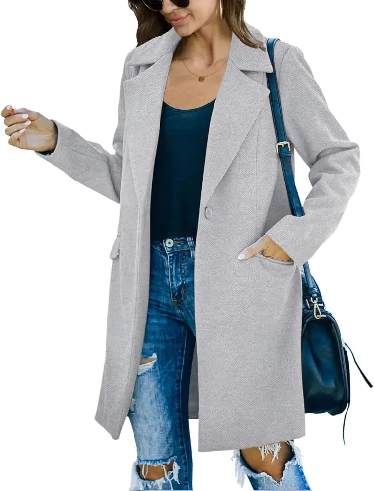 Fazortev Womens Casual Long Sleeve Wool Blend Pea Coat Lapel Notched Collar Warm Midi Jacket Overcoat