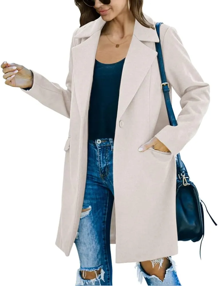 Fazortev Womens Casual Long Sleeve Wool Blend Pea Coat Lapel Notched Collar Warm Midi Jacket Overcoat