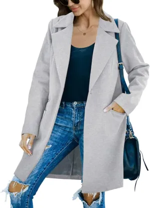 Fazortev Womens Casual Long Sleeve Wool Blend Pea Coat Lapel Notched Collar Warm Midi Jacket Overcoat