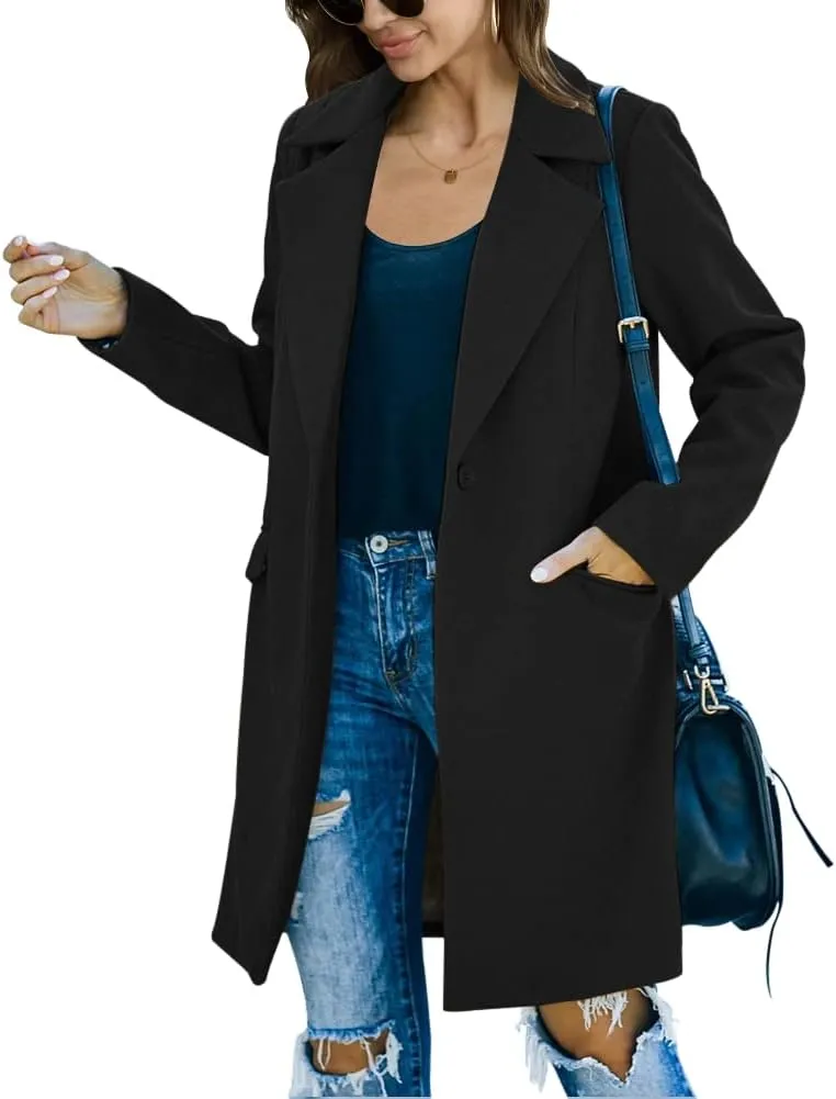 Fazortev Womens Casual Long Sleeve Wool Blend Pea Coat Lapel Notched Collar Warm Midi Jacket Overcoat