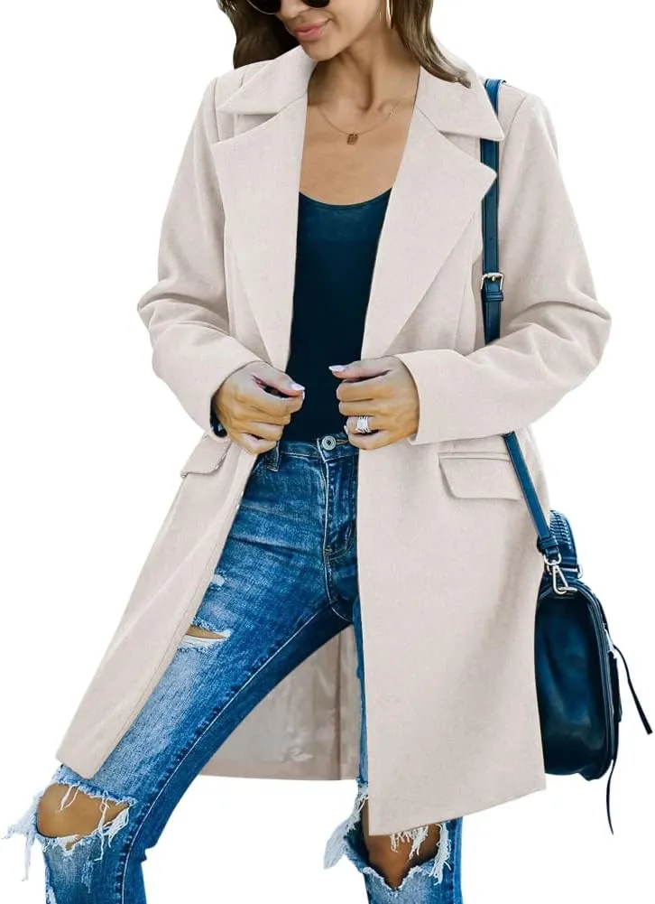 Fazortev Womens Casual Long Sleeve Wool Blend Pea Coat Lapel Notched Collar Warm Midi Jacket Overcoat