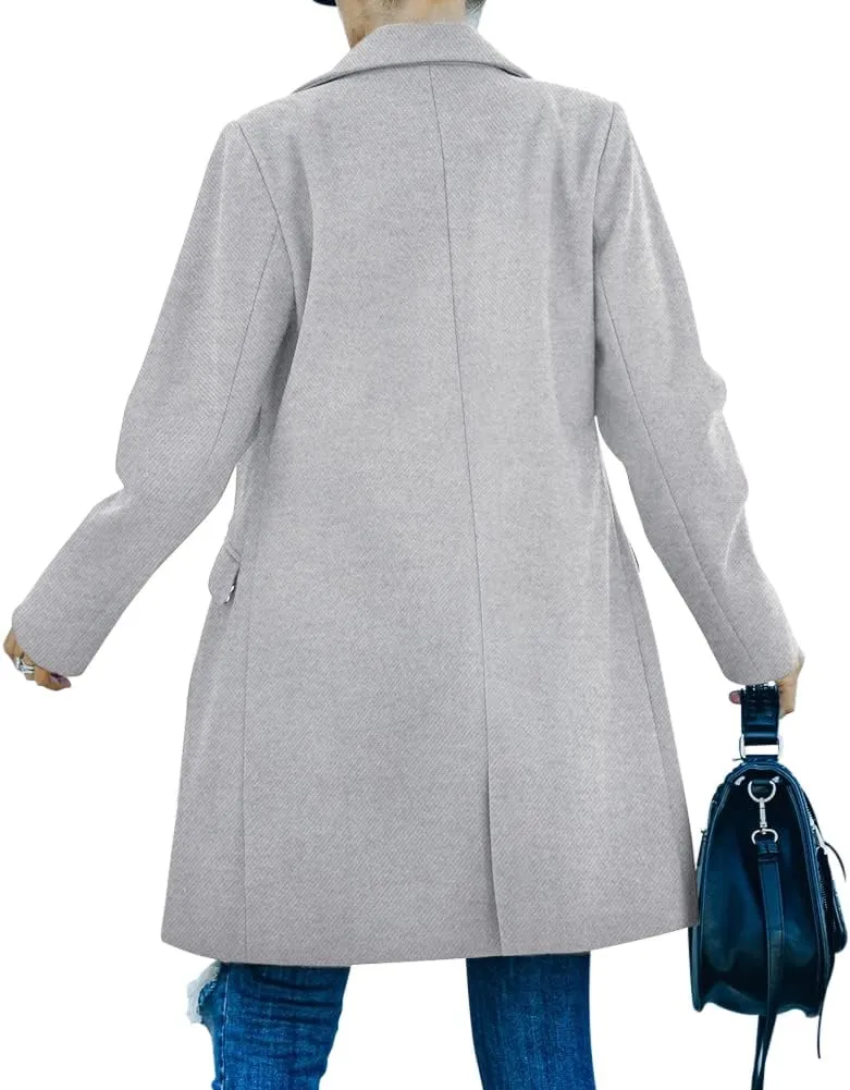 Fazortev Womens Casual Long Sleeve Wool Blend Pea Coat Lapel Notched Collar Warm Midi Jacket Overcoat
