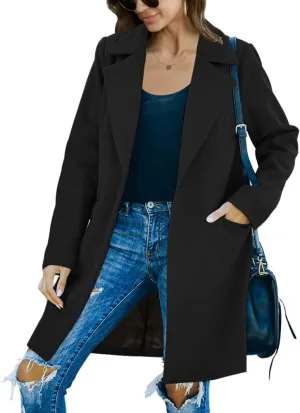 Fazortev Womens Casual Long Sleeve Wool Blend Pea Coat Lapel Notched Collar Warm Midi Jacket Overcoat