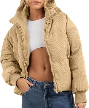 Fisoew Women's Corduroy Quilted Puffer Jackets Long Sleeve Zip Up Stand Winter Down Coat with Pockets