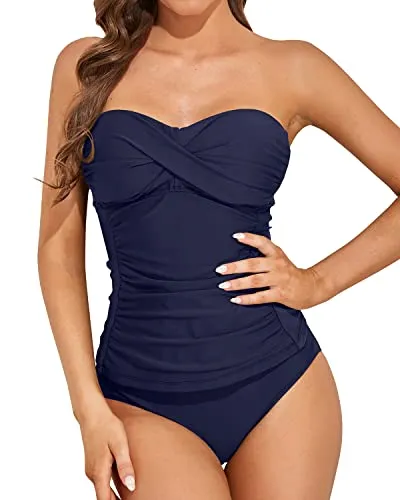 Flattering Bandeau Tankini Swimsuits For Women-Navy Blue
