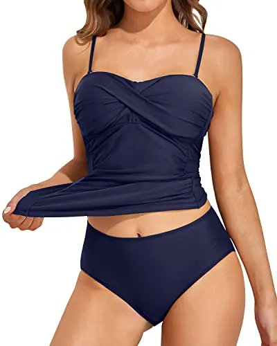 Flattering Bandeau Tankini Swimsuits For Women-Navy Blue