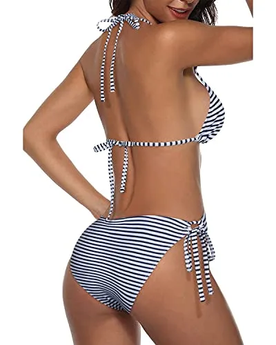 Flattering Fit Halter Padded Top Tie Side Bottom Bikini 2 Piece Bikini Sets-Stripes