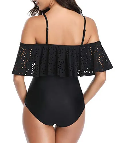 Flattering One Piece Swimsuit Sleeves Tummy Control Swimwear-Black