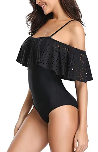 Flattering One Piece Swimsuit Sleeves Tummy Control Swimwear-Black