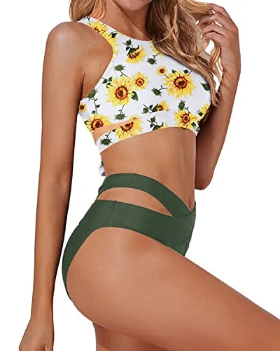 Flattering Racerback Zipper Tank Top Two Piece High Neck Bikini Set-Sunflower