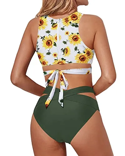 Flattering Racerback Zipper Tank Top Two Piece High Neck Bikini Set-Sunflower