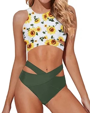 Flattering Racerback Zipper Tank Top Two Piece High Neck Bikini Set-Sunflower