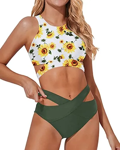 Flattering Racerback Zipper Tank Top Two Piece High Neck Bikini Set-Sunflower