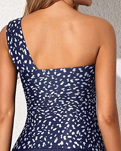 Flattering Ruched Bathing Suit Top Tummy Control Swim Tops-Navy Blue Dot