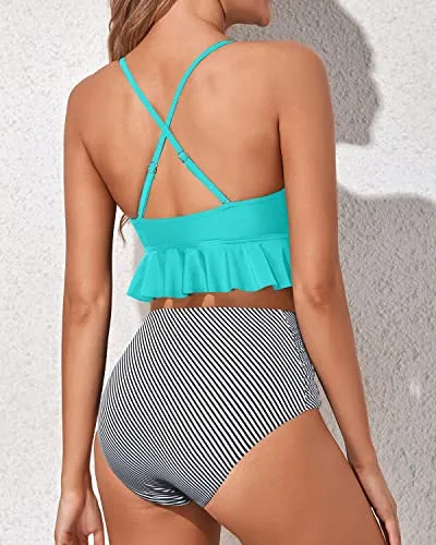 Flattering Ruched Two Piece Swimsuits-Aqua Stripe