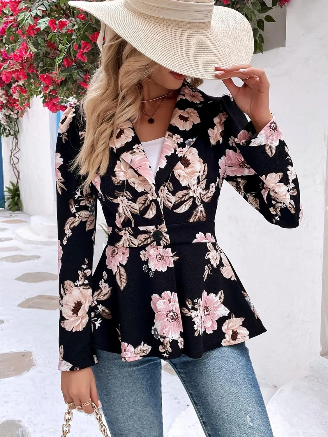 Floerns Women's Floral Print Button Up Long Sleeve Flared Peplum Causal Blazer Jackets