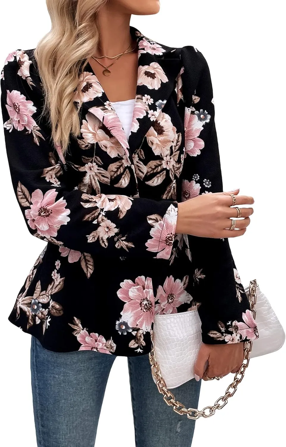 Floerns Women's Floral Print Button Up Long Sleeve Flared Peplum Causal Blazer Jackets