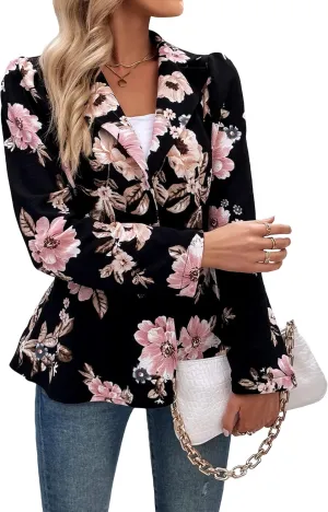 Floerns Women's Floral Print Button Up Long Sleeve Flared Peplum Causal Blazer Jackets