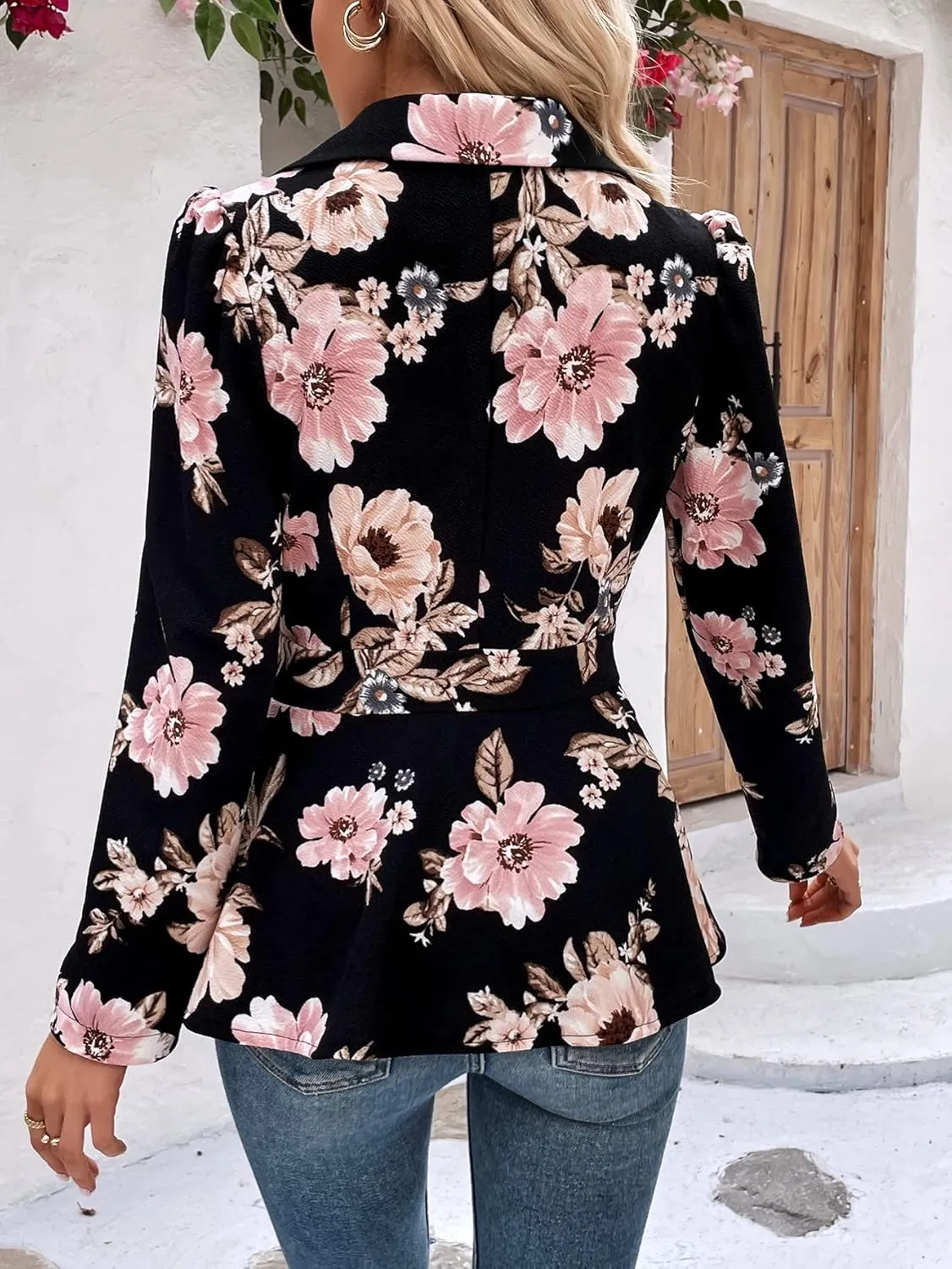 Floerns Women's Floral Print Button Up Long Sleeve Flared Peplum Causal Blazer Jackets