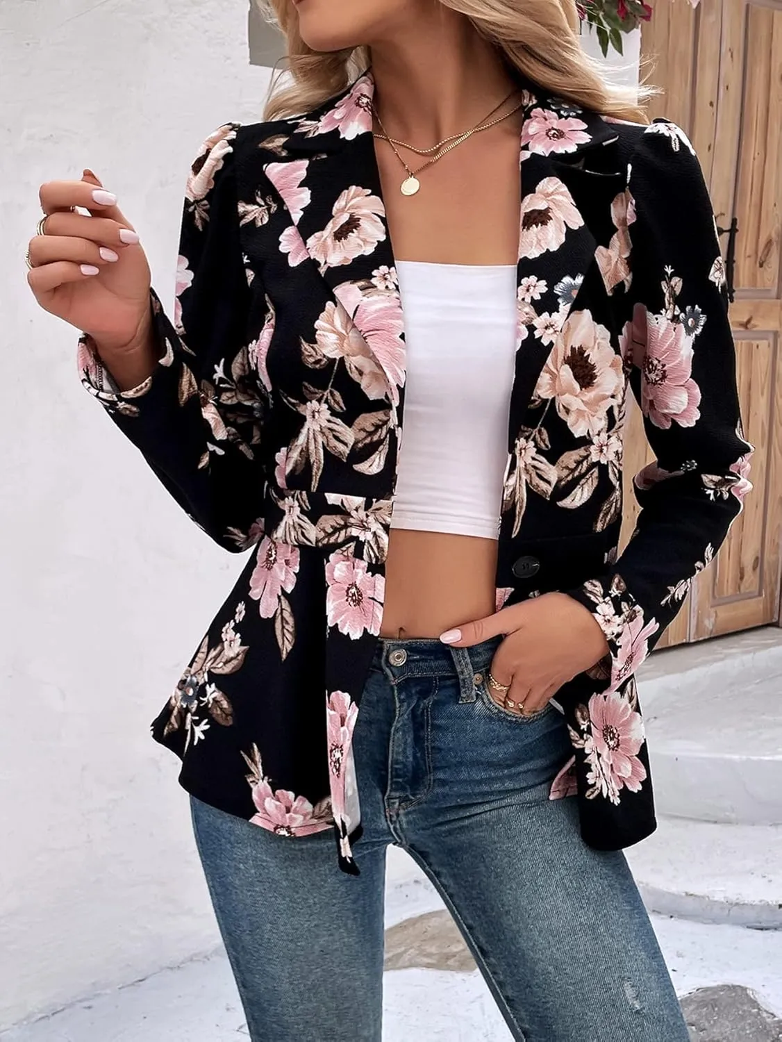 Floerns Women's Floral Print Button Up Long Sleeve Flared Peplum Causal Blazer Jackets