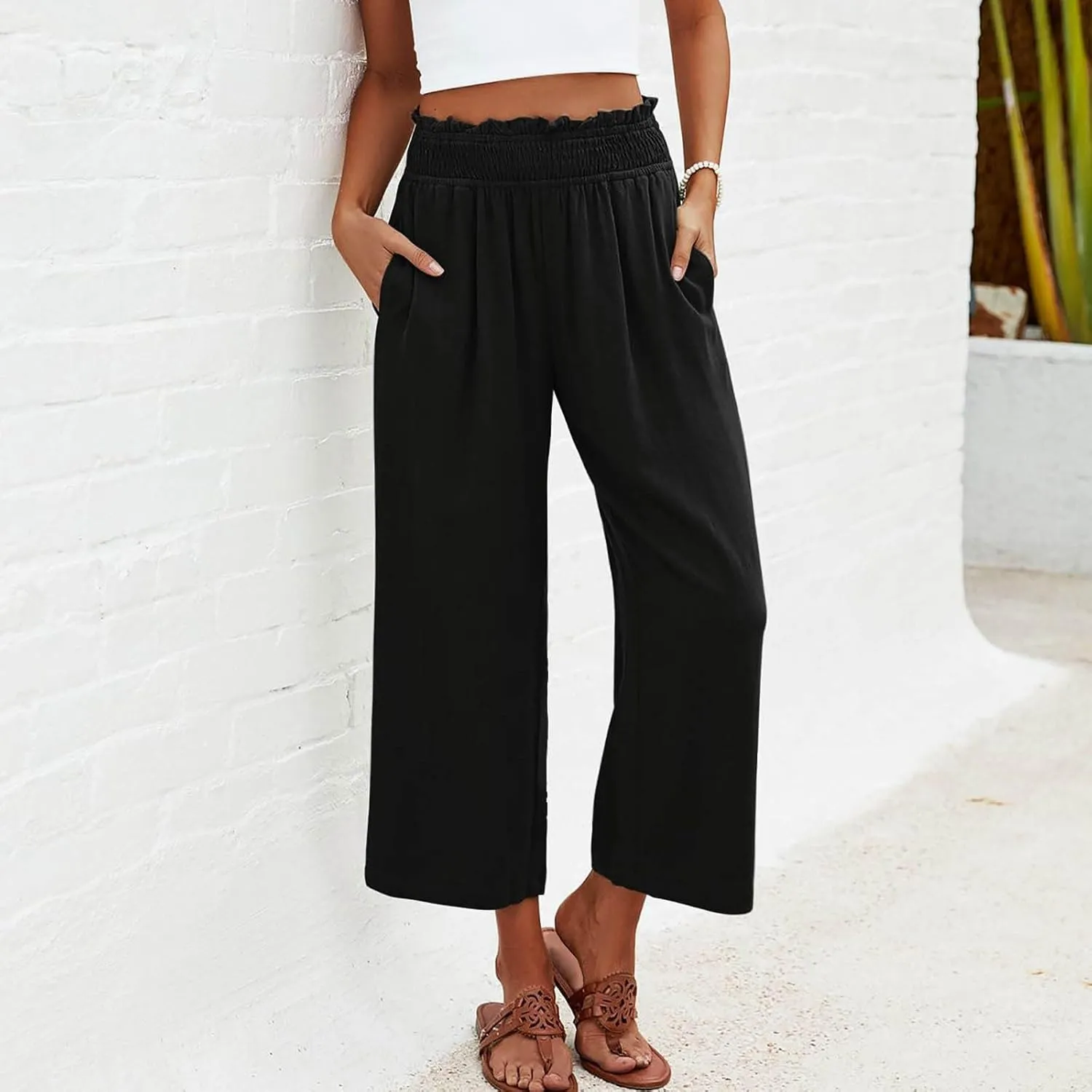 Flowy Pants for Women Wide Leg Palazzo Linen Pants Dressy Summer Casual Elastic Waist Lounge Trousers with Pocket