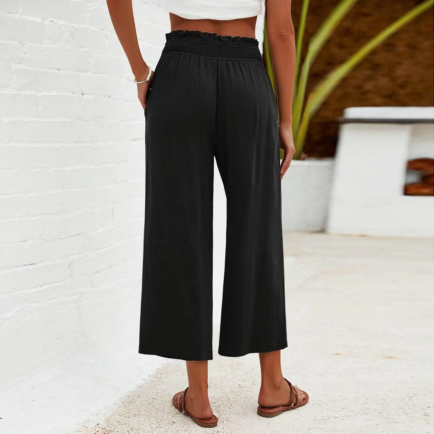 Flowy Pants for Women Wide Leg Palazzo Linen Pants Dressy Summer Casual Elastic Waist Lounge Trousers with Pocket
