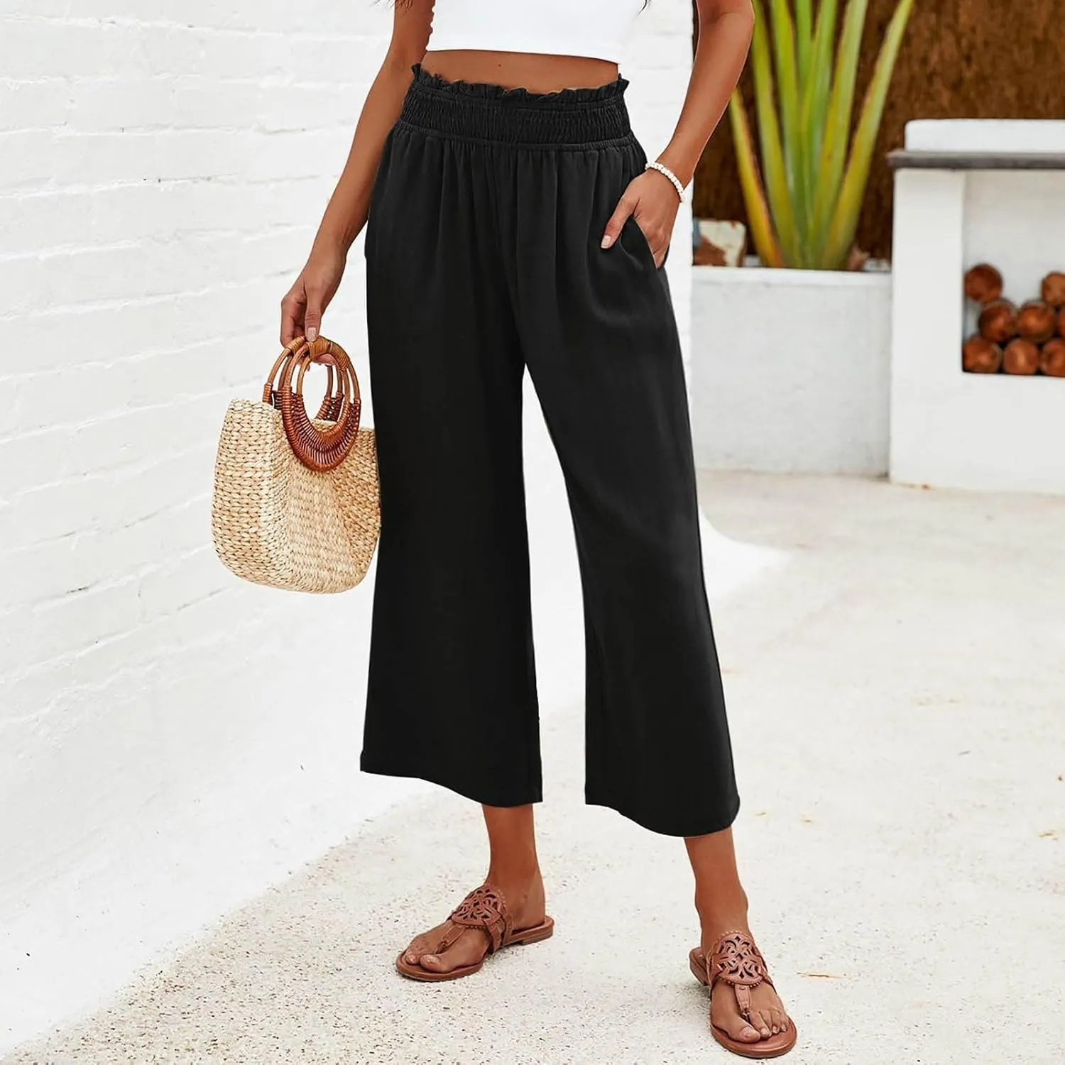 Flowy Pants for Women Wide Leg Palazzo Linen Pants Dressy Summer Casual Elastic Waist Lounge Trousers with Pocket