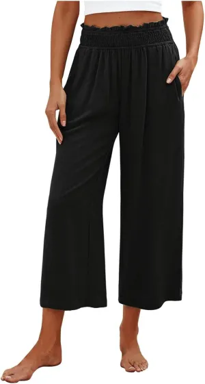 Flowy Pants for Women Wide Leg Palazzo Linen Pants Dressy Summer Casual Elastic Waist Lounge Trousers with Pocket