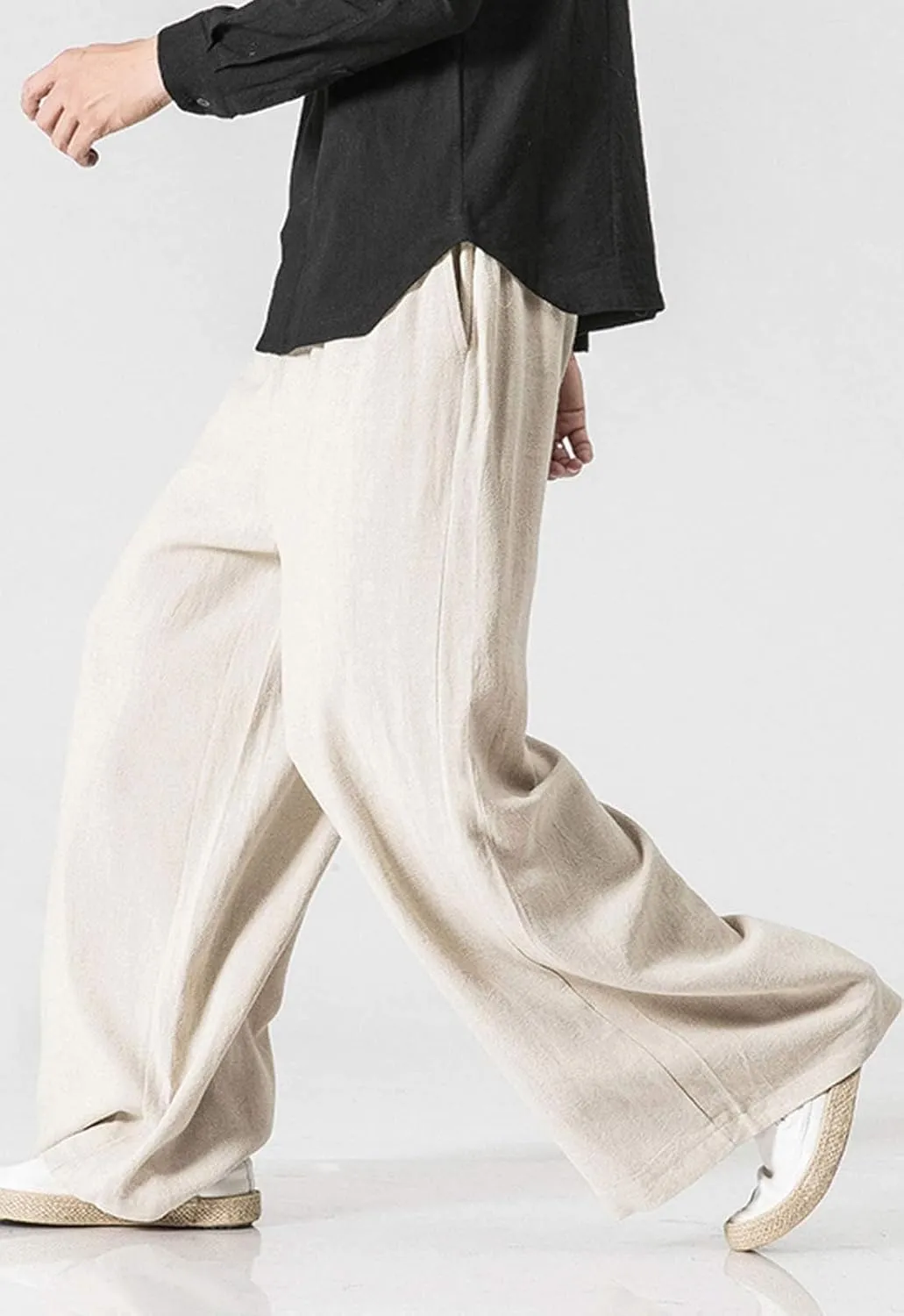 Flygo Mens Linen Pants Casual Wide Leg Baggy Pants Summer Cotton Elastic Waist Yoga Beach Palazzo Trousers
