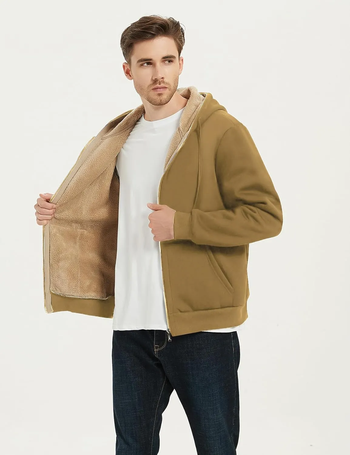 Flygo Men's Sherpa Hoodie Jacket Fleece Lined Zip Up Warm Hoodies Sweatshirt Winter Zipper Sweater Hooded Coat