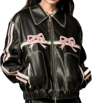 GERRIT PU Leather Jacket Fashion Women Zipper Polo-Neck Sweet Cool Coat Spring Vintage Street Top Bomber Motorcycle Jacket(Black pink matching,Medium)