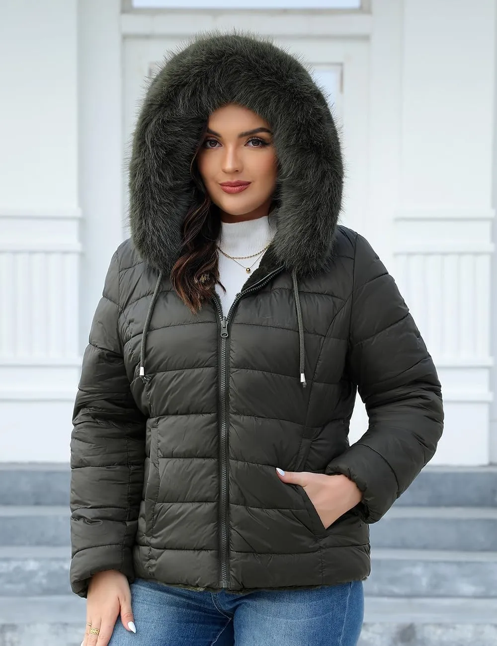 Geschallino Women's Faux Fur Coat Fleece Reversible Sherpa Fuzzy Winter Puffer Jacket (Available in Plus Size)