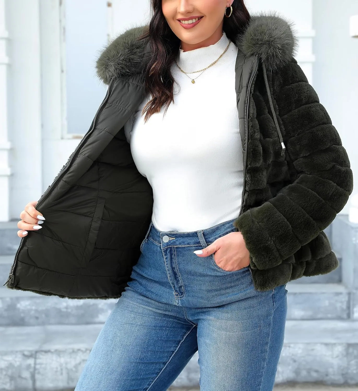 Geschallino Women's Faux Fur Coat Fleece Reversible Sherpa Fuzzy Winter Puffer Jacket (Available in Plus Size)