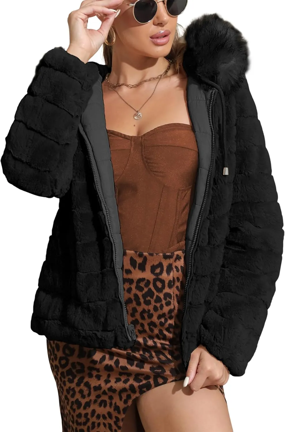 Geschallino Women's Faux Fur Coat Fleece Reversible Sherpa Fuzzy Winter Puffer Jacket (Available in Plus Size)