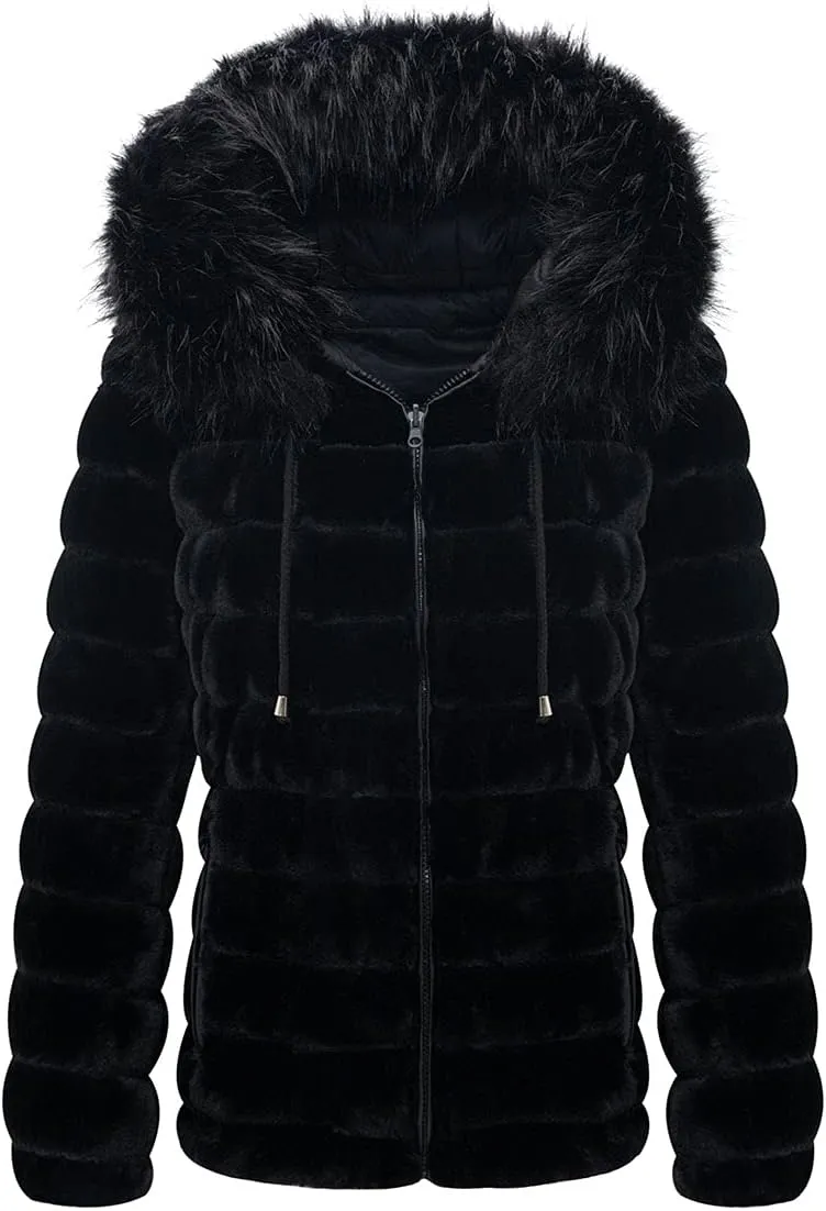 Geschallino Women's Faux Fur Coat Fleece Reversible Sherpa Fuzzy Winter Puffer Jacket (Available in Plus Size)